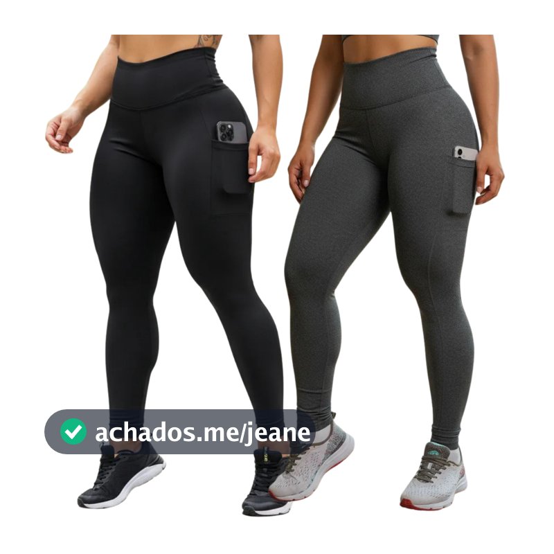 Kit 2 Calças Legging C/ Bolso Cós Alto Grosso Fitness Celular Caminhada Corrida