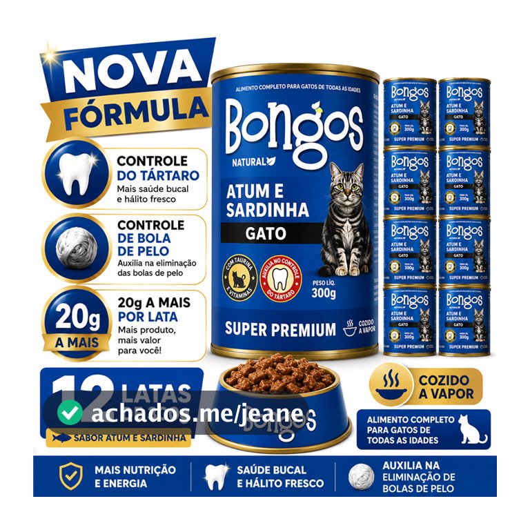 Kit 12 Ração Úmida Bongos 300g Super Premium para Gatos Controle de bola de pelos e Tártaro