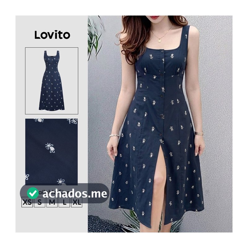 Lovito Vestido Feminino Longo Boho Floral Miúdo Com Botões Corte A Azul Estilo Retrô Anos 90 Para Primavera/verão E Férias DRB201P1D092
