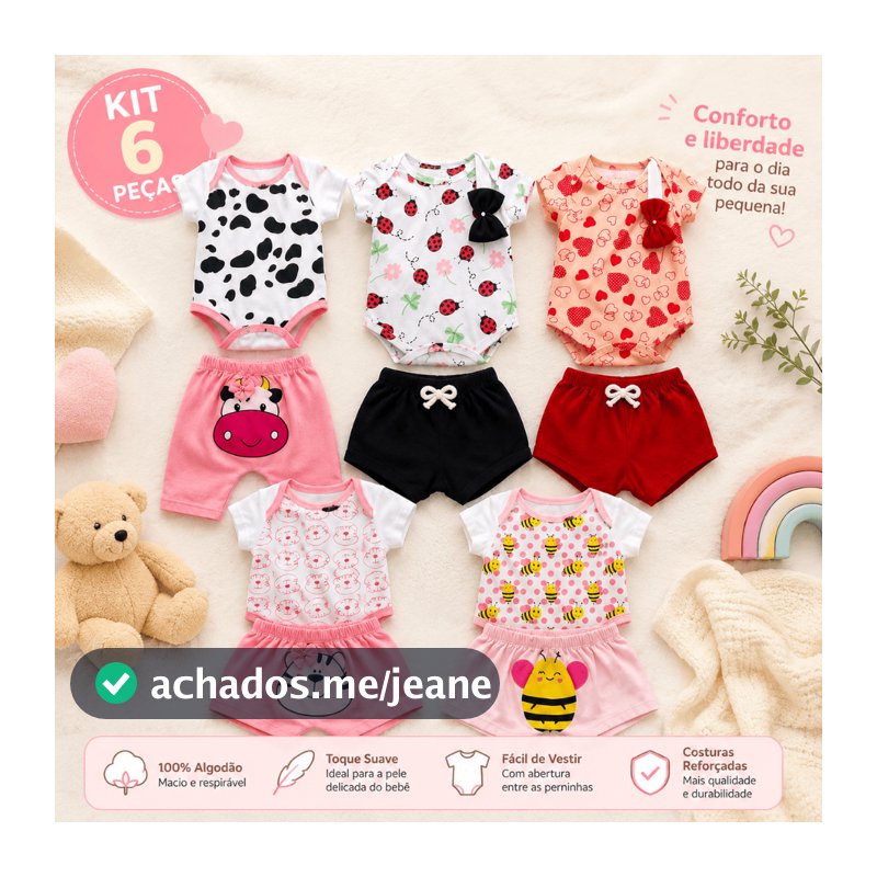 Kit Enxoval 6 Peças Body Bebê Infantil Menina Animado Estampado Bodie Short Mijão