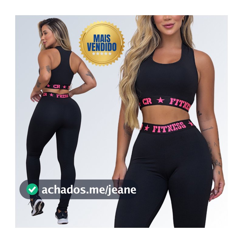 Conjunto Academia Top e Legging Elastico Exposto Cintura Alta