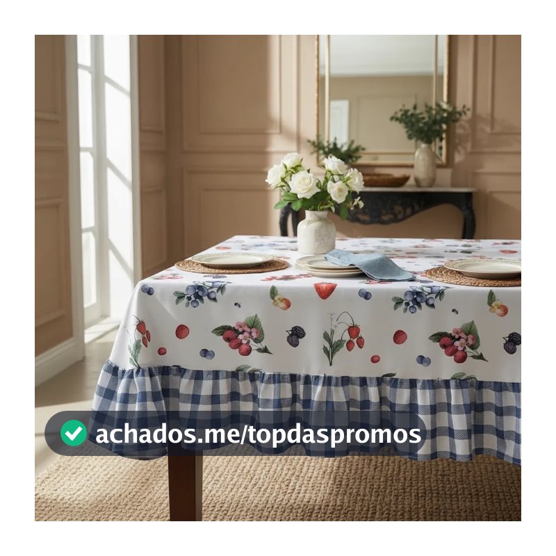 Toalha De Mesa Posta Luxo 6 Lugares Retangular Com Babado Estampa Exclusiva Berries Frutas Vermelhas