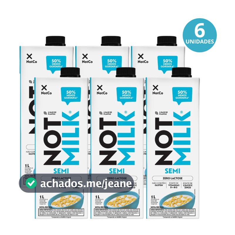 Kit 6x Leite Vegetal Sem Lactose Not Milk Semidesnatado Vegano 1L