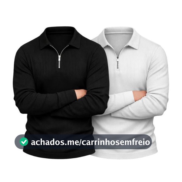 Camisa Polo de Manga Longa Canelada com Zíper Malha Súeter