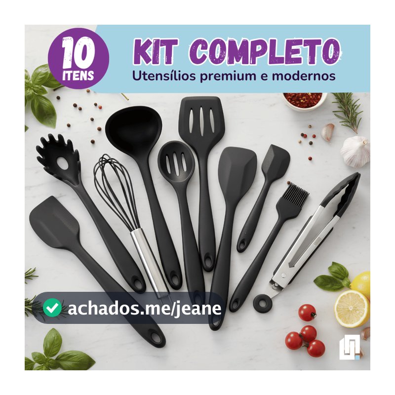 Kit 10 Peças Conjunto Utensílios Cozinha Silicone Inox Jogo Colheres Pegador Concha Preto Vermelho