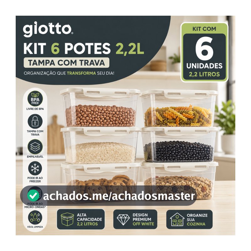 Kit 6 Potes Com Tampa e Trava 2,2L Alto Off White Freezer E Microondas Marmitas Fitness Giotto