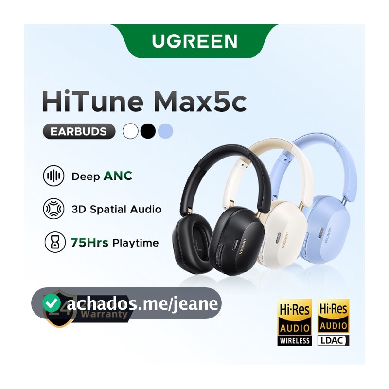 UGREEN Max5C Fone De Ouvido Sem Fio Bluetooth5.4 HiFi ANC CertificaçãoEm Alta Resolução Com Áudio 43dB Cancelamento 75Ho