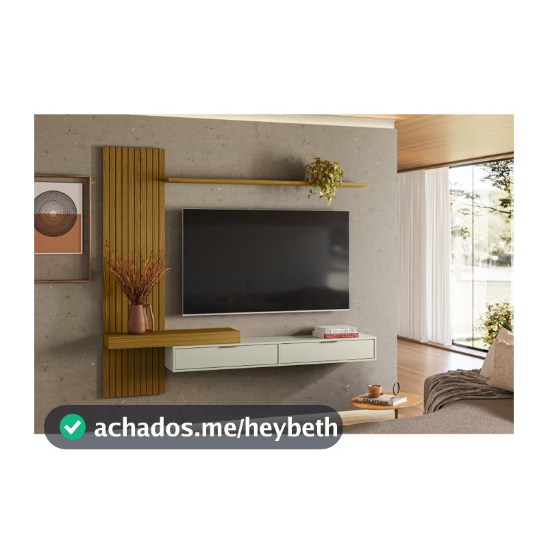 Painel Italy Ripado P/Tvs até 65 Polegadas 205cm Tv na Parede Nicho C/Portas Basculante Cedro/Off White - Olivar Móveis