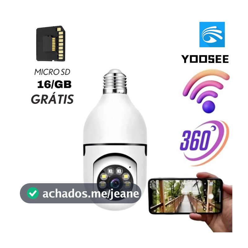 Câmera wifi ip sem fio giratória 360 com encaixe lampada bocal rosca ptz full HD visão noturna segurança+MICROSD 16GB