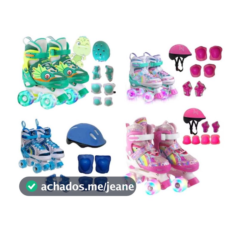 Patins Infantil Arco Íris Quad Com Ajuste De Tamanho Rodas Com Led Mais Kit Proteção Segurança