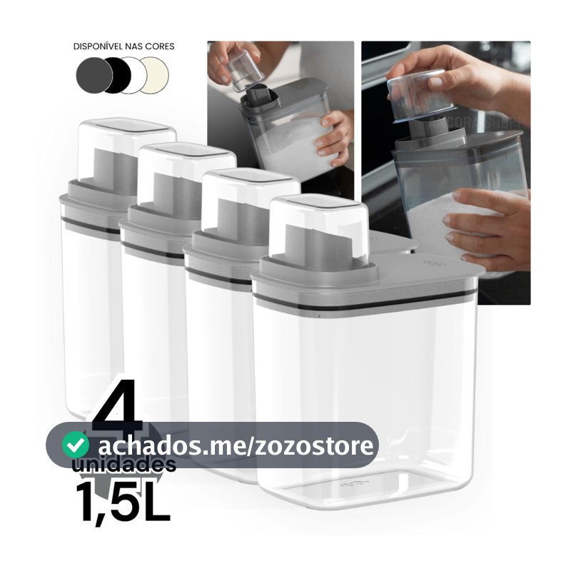 Kit 4un Dispenser Flow 1,5 Litros Porta Sabão Líquido em Pó Amaciante Alvejante Organizador Armário de Lavanderia