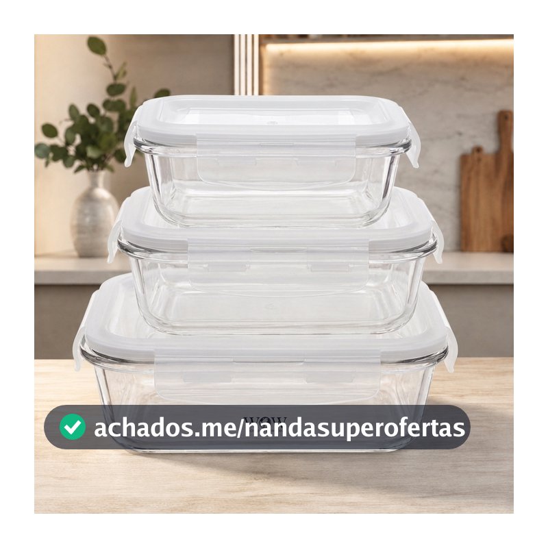 Kit 3 Potes De Vidro Hermético 320Ml 520Ml 800Ml Refratário