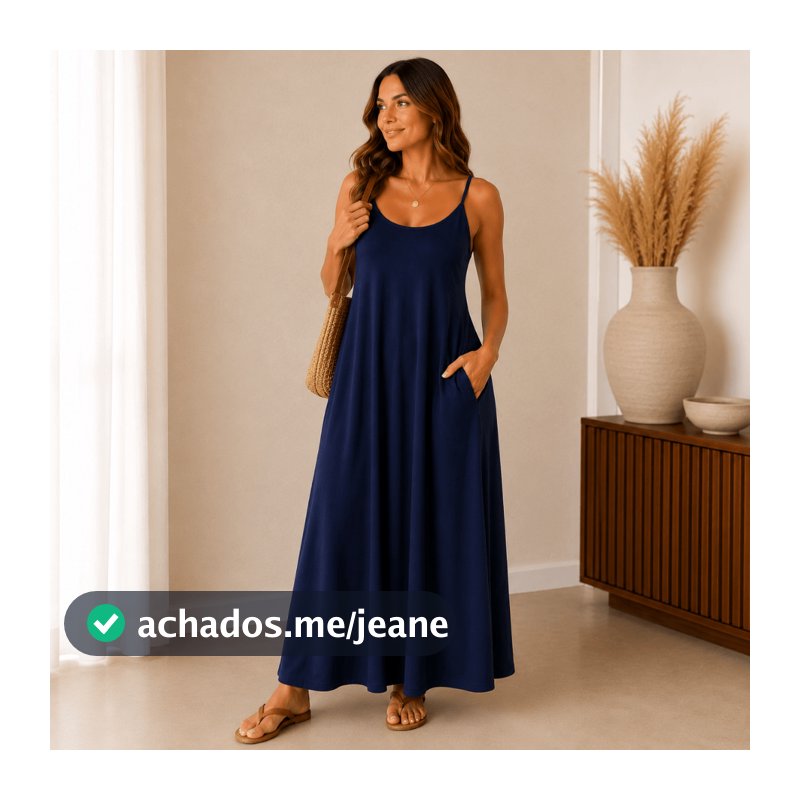 Vestido Longo Azul Verão 2027 de Viscolycra Feminino Alcinha Com Bolsos Casual Confortável Soltinho Estiloso