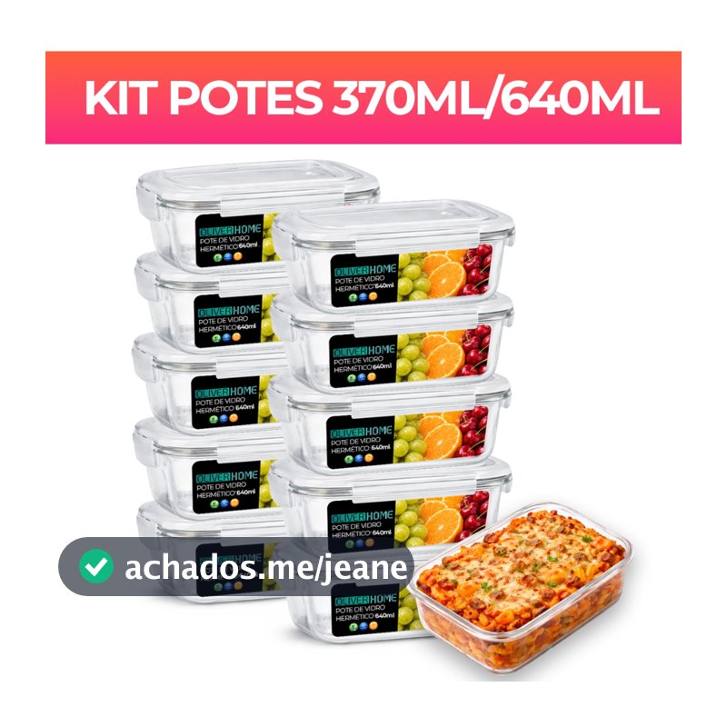Kit 10 ou 5 Potes de Vidro 370ml/640ml Hermético Marmita Fit com Tampa 4 Travas