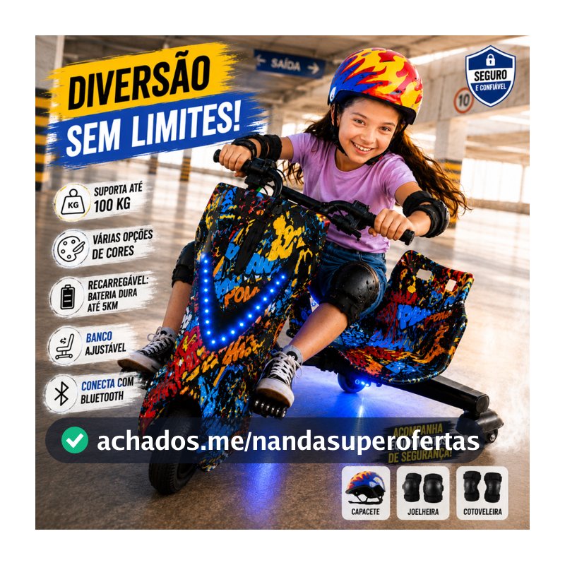 Triciclo Elétrico Drift Trike Bluetooth LED 3 Velocidades Recarregável 100kg Banco Ajustável Bivolt
