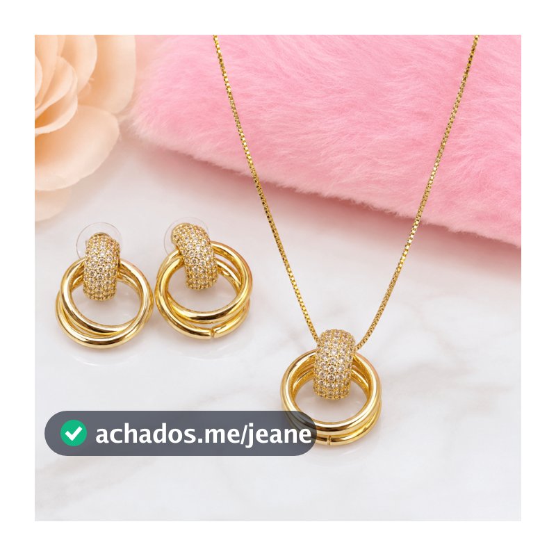 Conjunto Feminino em Liga de Cobre Dourada com Colar e Brincos de Argola com Zircônias, Acessório Elegante para Festa, P