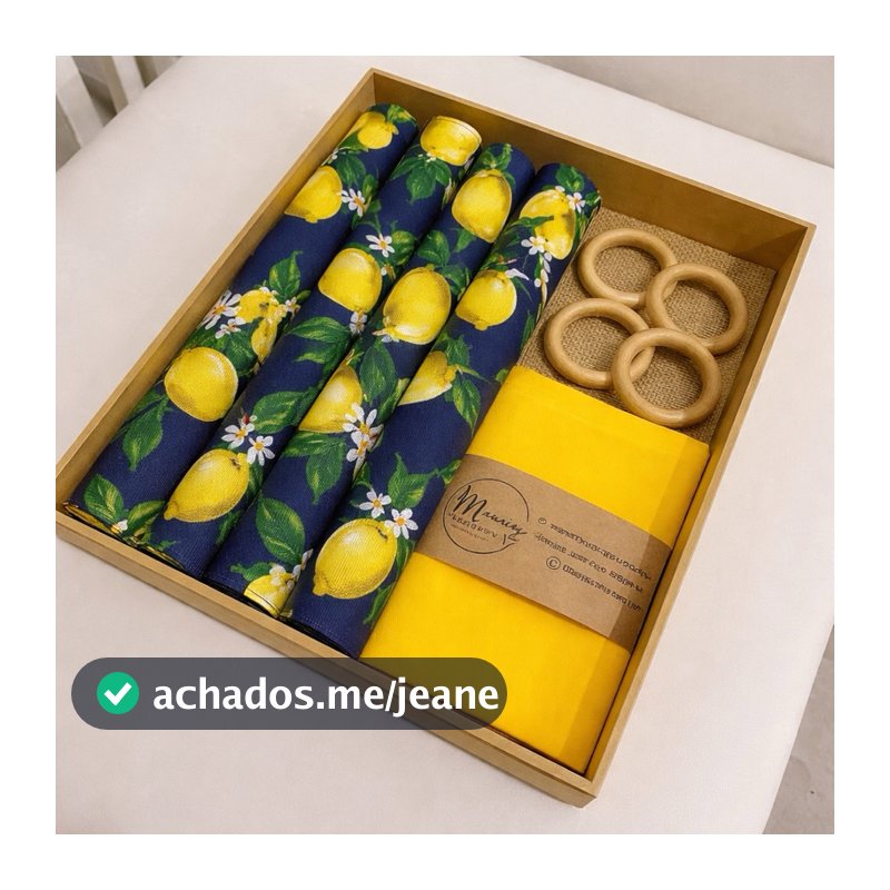 Kit Jogo Americano + Argolas + Guardanapos Box Manci 04 Lugares Completos Decoração Mesa Posta Limão