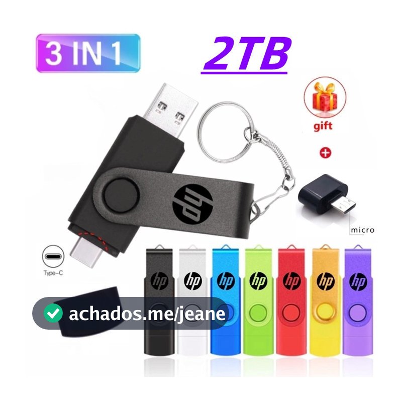 Disco flash HP 2TB 3-Em-1 USB Micro Tipo-c OTG Unidade 1TB 512gb 256gb 128gb 64gb 32gb 16gb Pendrive Para Telefone Andro