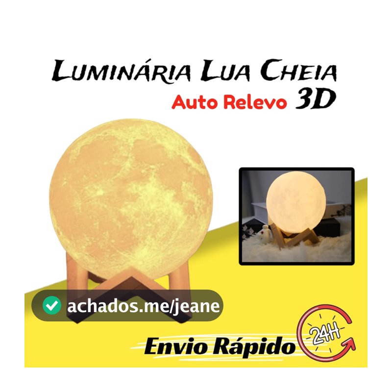 Luminária de Lua Cheia 3D Led Abajur Decoração Quarto Auto Revelo Decortivo com Suporte Montável