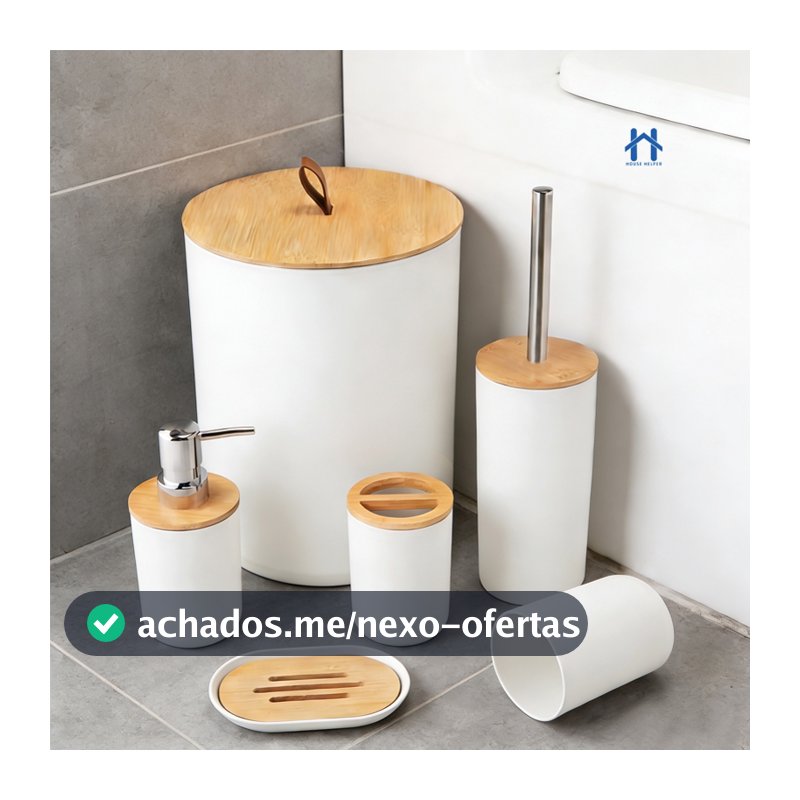 Kit Para Banheiro ou Lavabo Luxoso 4 ou 6 Peças Preto ou Branco Com Bambu Moderno Elegante