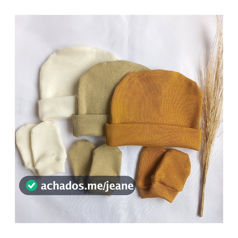 Touca de bebê RN, kit com 3 toucas e 3 pares de luvas, maternidade enxoval baby, Algodão Premium