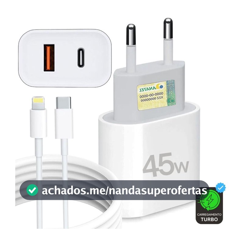Carregador Iphone Turbo Fonte 45W 2 Entradas USB e USB-C + Cabo Tipo-C-Lightning Rápido Iphone 6 7 8 X XR XS 11 12 13 14