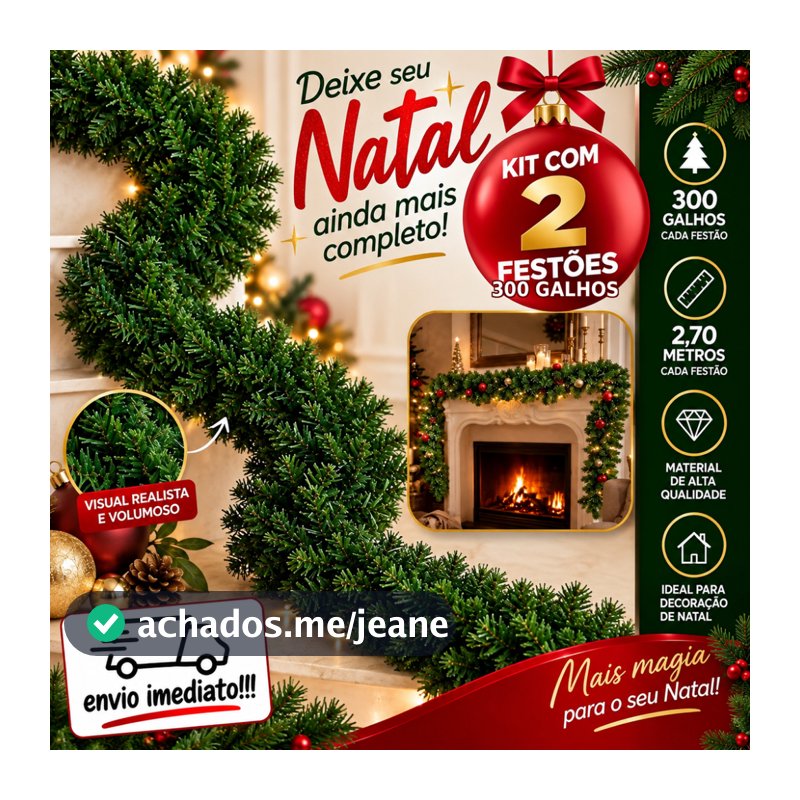 Kit 2 Festão Aramado Natal Grosso Premium 2,70 Metros C/ 300 Galhos Cheios Decoração de Natal Enfeite Natalino Item Luxo