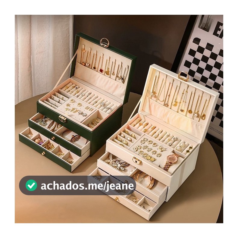 Caixa de Joias de 3 Camadas Caixa de Armazenamento de Joias de Couro PU Preto Com 2 Gavetas Segura para Quarto Q19
