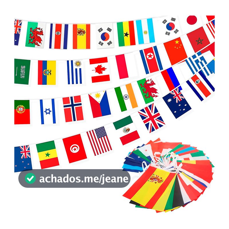 Bandeirinhas De Países Do Mundo Com 10m De Varal Com 32 Países Para Decoração