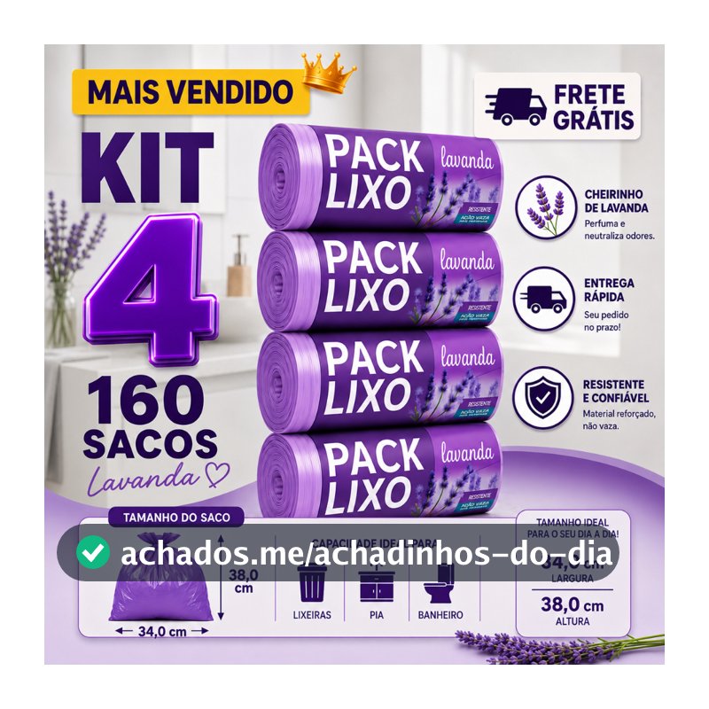 Kit 4 Rolos Saco de Lixo Perfumado Lavanda 10L 160 Sacos Pia Banheiro Resistente Antiodor
