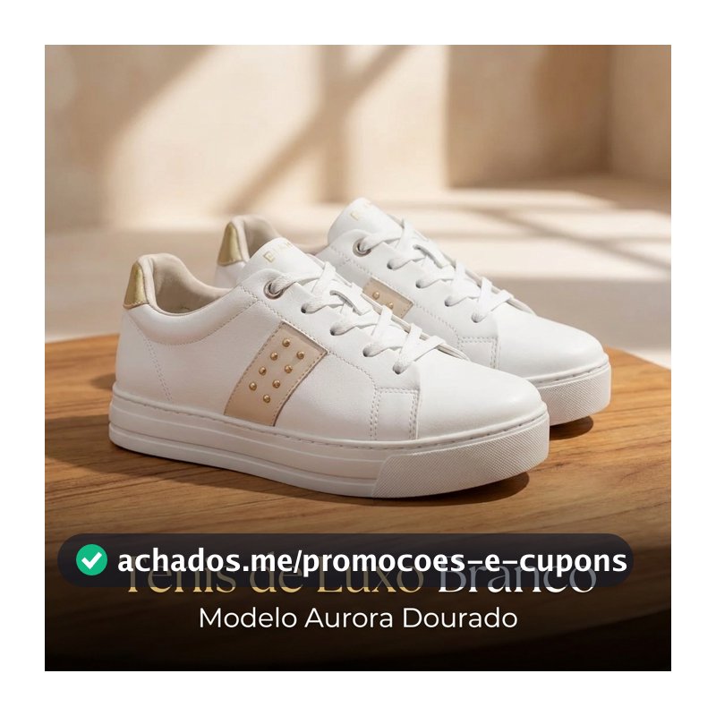 Tênis Feminino Branco Casual com Detalhes Dourados Confortável Moda Casual Aurora Luxo