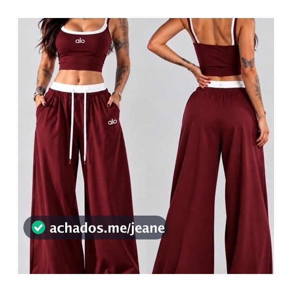 Conjunto Feminino Alo Importado Cropped e Calça Wide Leg Pantalona Cintura Alta Casual Moderno
