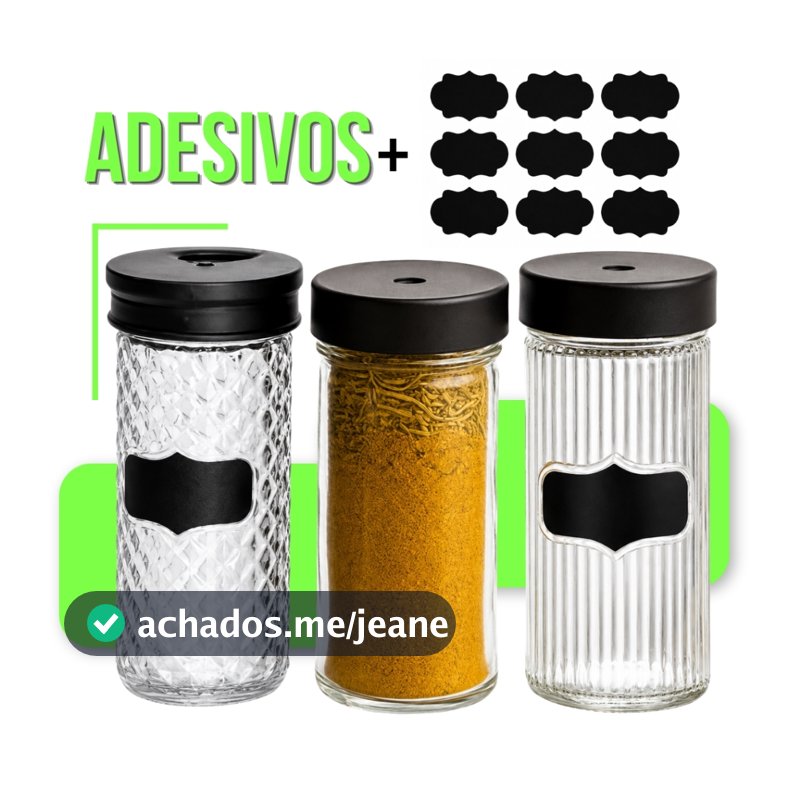 Kit 3 Pote com Adesivo Porta Tempero e Condimento Giratório Com 6 Pote de Vidro 85ml Cozinha Moderno
