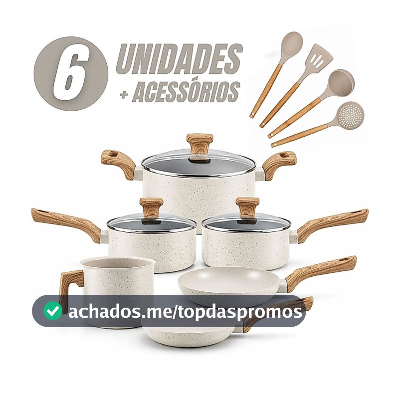 Jogo de Panelas 6 Peças Antiaderentes com Tampa de Vidro Temperada com 4 Utensílios de Cozinha