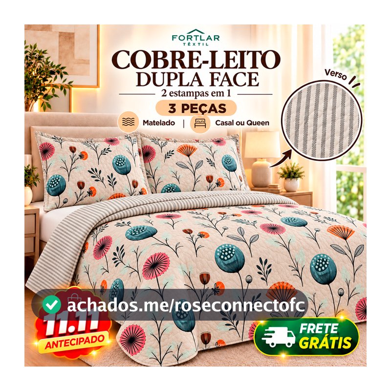 Kit Colcha Cobre Leito 3 Pçs Casal Queen Dupla Face Estampada Matelado Linha Super Premium Luxo