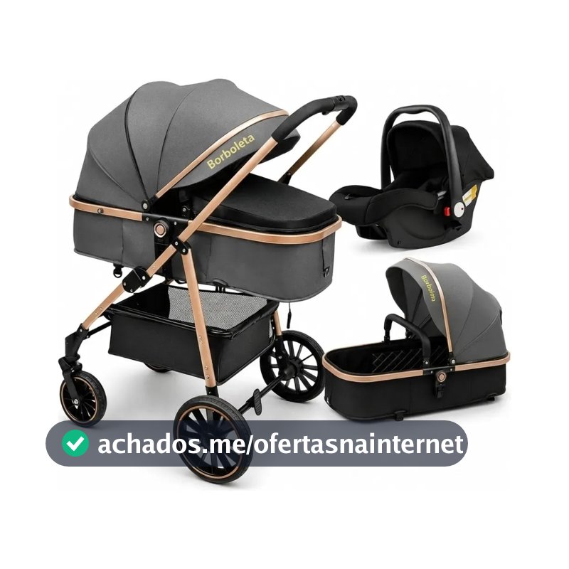 Carrinho De Bebê 3 Em 1 Premium Luxo Moisés + Bebê Conforto Completo Reclinável Rodas Com Amortecedor Kit Enxoval Segura