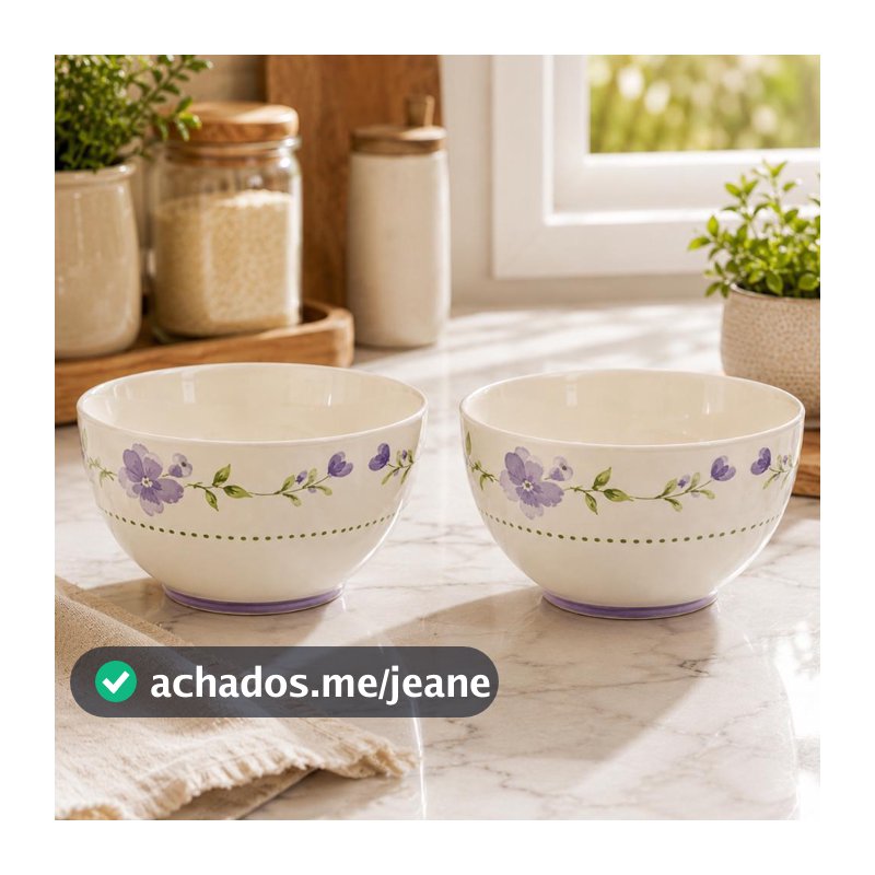 Kit Bowls Cerâmica Floral Branca Decorada 2 Peças