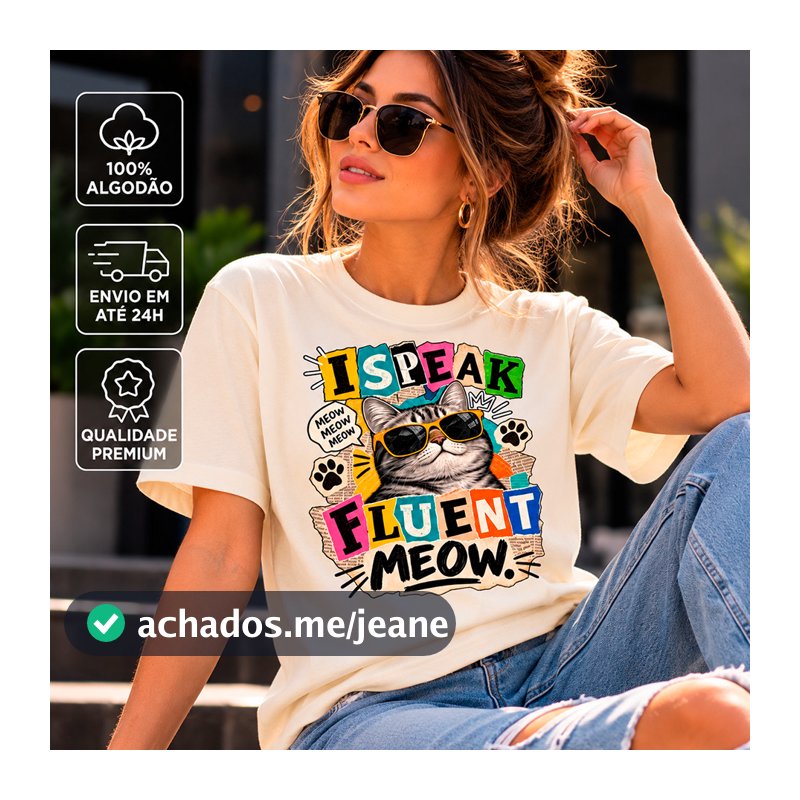 Camiseta Unissex Gato Estiloso de Óculos 100% Algodão Estampa Divertida Premium