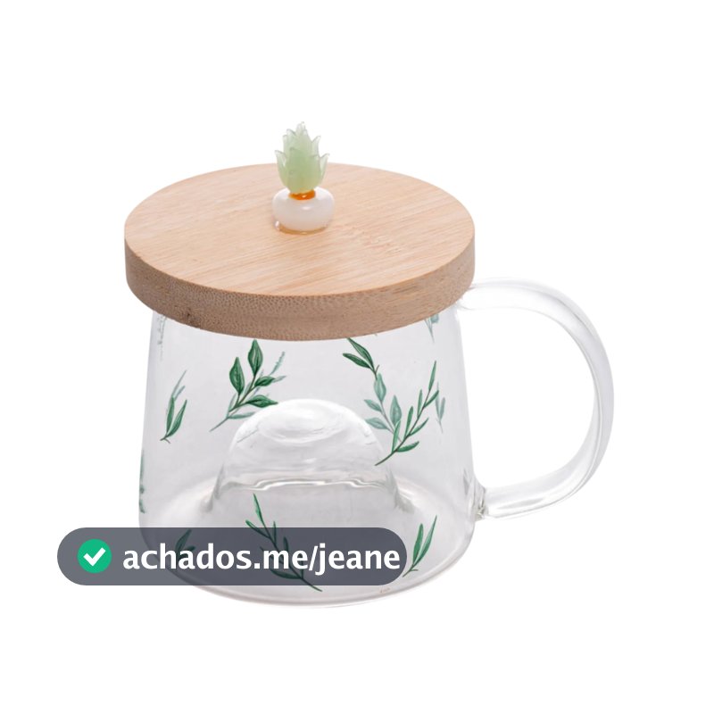 Caneca de Vidro com Pires de Bambu Suculenta - 330ml