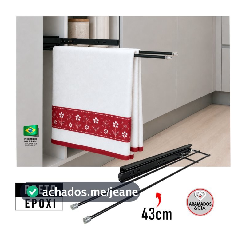 Porta Toalha Deslizante Telescópico para Armário de Cozinha Preto Epoxi Duplo Organizador Embutir Móveis Planejados