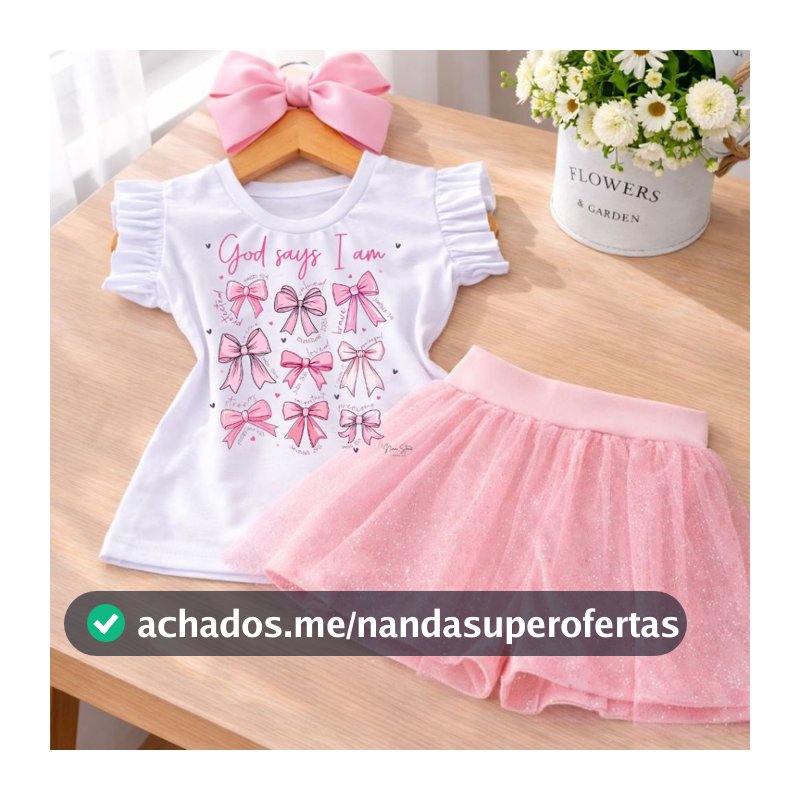 Conjunto Infantil Feminino Laços Rosa Short Saia Tule Glitter Blusa Babado Menina Blogueirinha 1 a 10 Anos