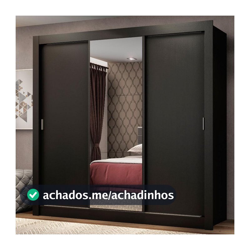 Guarda Roupa Casal 3 Portas de Correr com Espelho Preto Madesa Mônaco
