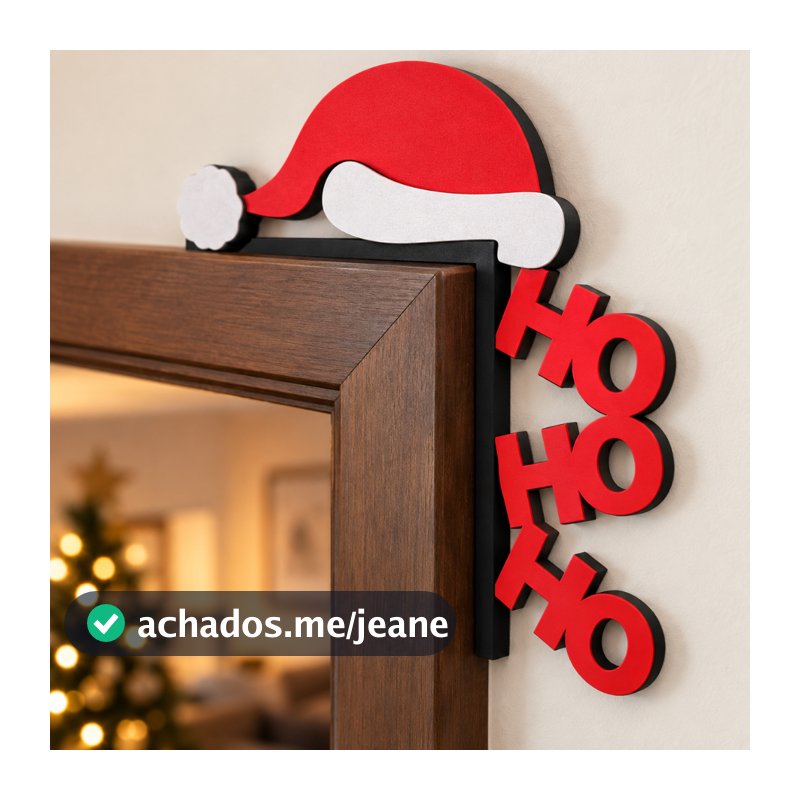 Enfeite Porta Natal Ho Ho Ho Com Gorro Papai Noel Decoração De Natal Para Porta Com Fita Dupla Face 15cm