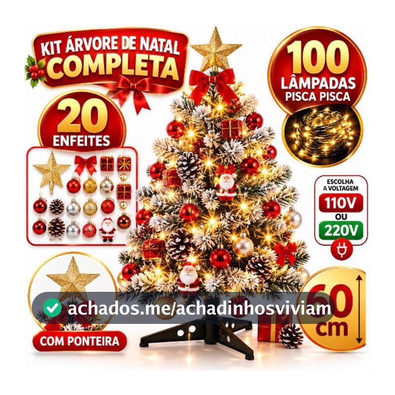 Arvore de Natal Nevada 60cm com 100 lâmpada pisca pisca 20 enfeites