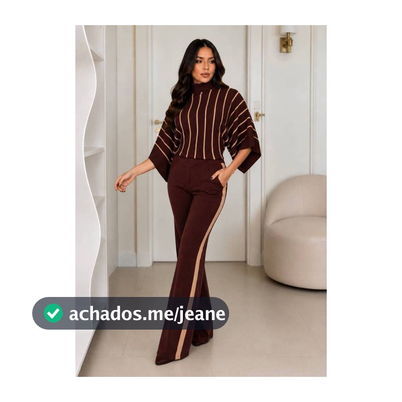 Conjunto Feminino Tricot Listrado Blusa Calça Inverno Elegante Moderno Casual