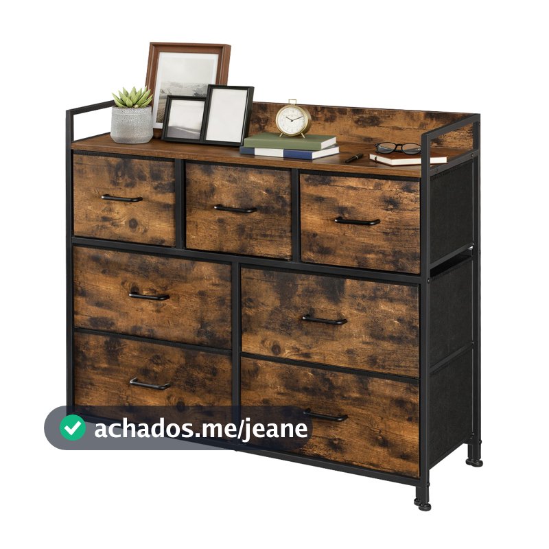 SONGMICS Cômoda de Tecido com 7 Gavetas, Estrutura de Metal, Organizador para Quarto, Alças Práticas, Marrom e Preto