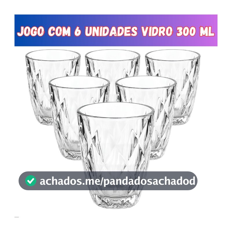 Jogo 6 Copos Baixos Diamond 300ml Vidro Grosso Diamante Luxo
