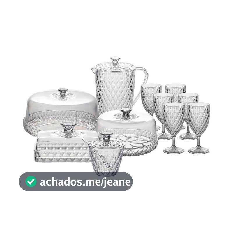 Kit Mesa Posta Glamour com 11 Itens Café da Manhã Jarra Queijeira Manteigueira Açucareiro Boleira
