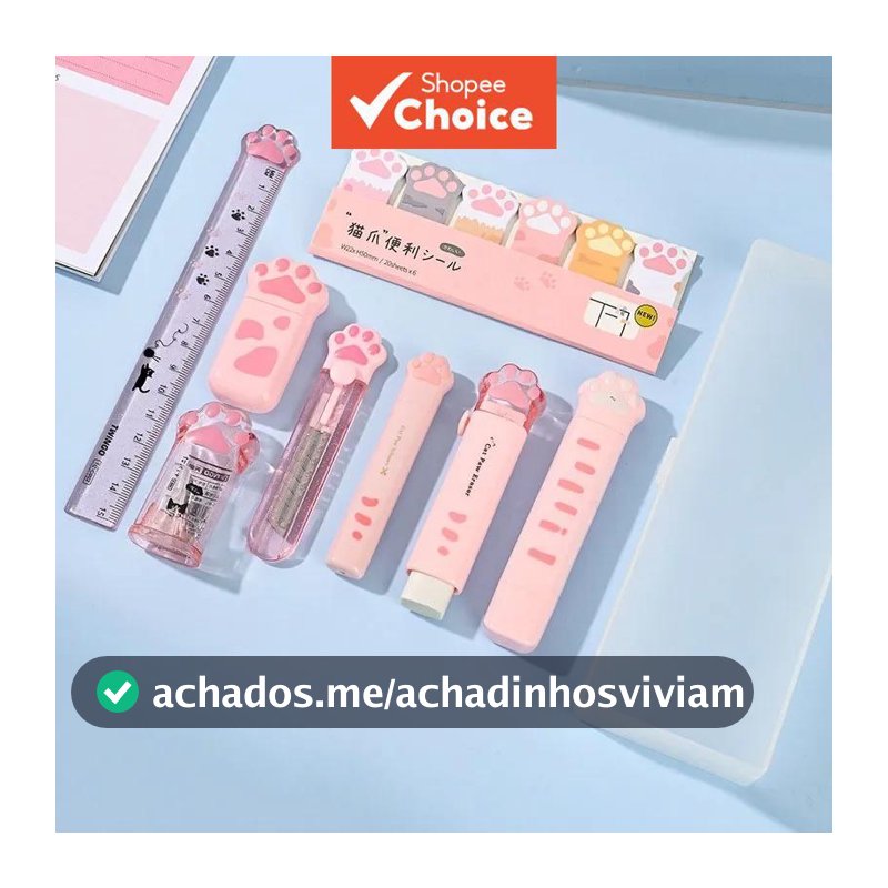 Conjunto de Papelaria Temático de Pata de Gato com 8 Peças para Presente Escolar