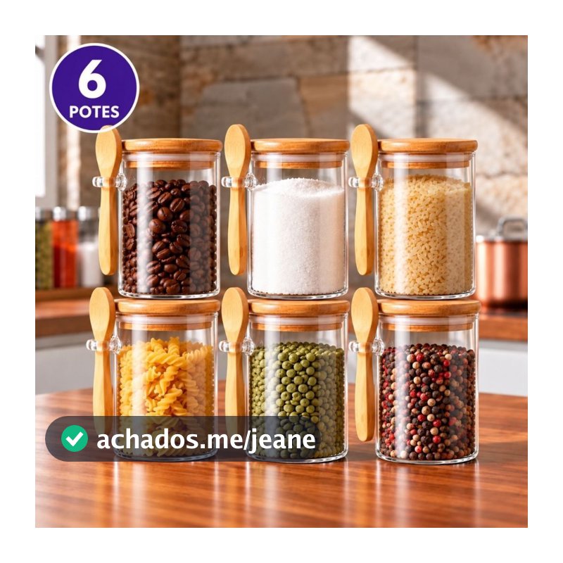 Kit 6 Pote/Colher de Vidro com Tampa de Bambu Hermético 300ml Porta Mantimentos Temperos Saleiro